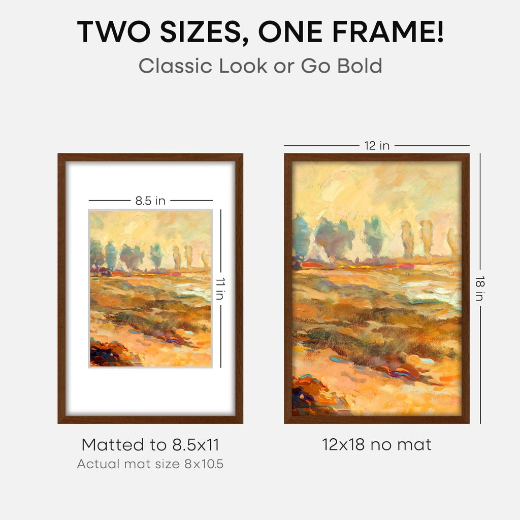 Homeforia 12 x 18 Walnut Wood Frame, High End Dark Oak 12x18 Brown Picture Frame with Mat 8.5x11 Photo, 12 x 18 Wooden Poster Frame Matted to 8.5 x 11, 18x12 Frames, Tempered Glass, Wall Kit, Set of 1