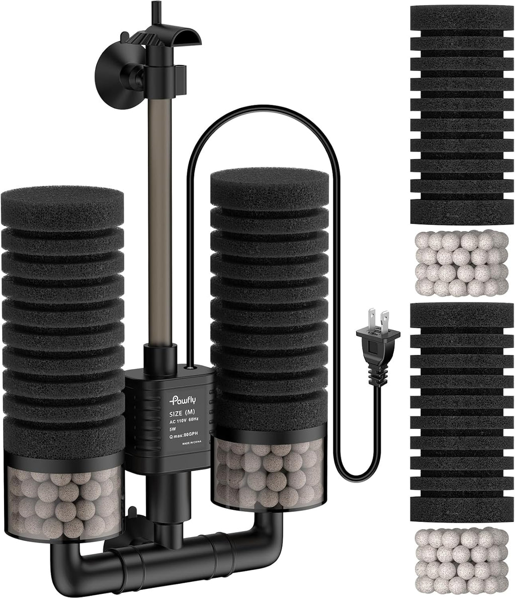 Pawfly Aquarium Sponge Filter, 5 W Submersible Small Aquarium Filter, 80 GPH Fish Tank Filter with Water Pump, Ceramic Balls & Double Foams, Quiet Bio Sponge Filter for 15-55 Gallon Tanks