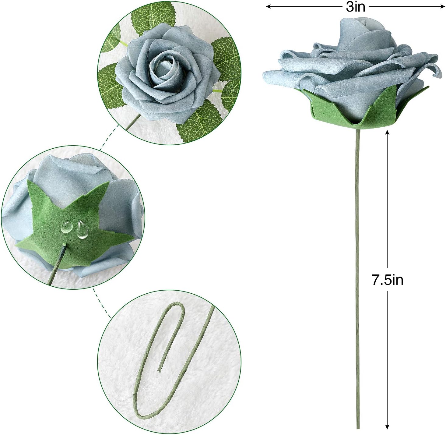 AmyHomie Artificial Flower Dusty Blue Shades Rose 25pcs Real Looking Fake Roses w/Stem for DIY Wedding Bouquets Centerpieces Arrangements Party Baby Shower Valentines Day Christmas Tree Decorations