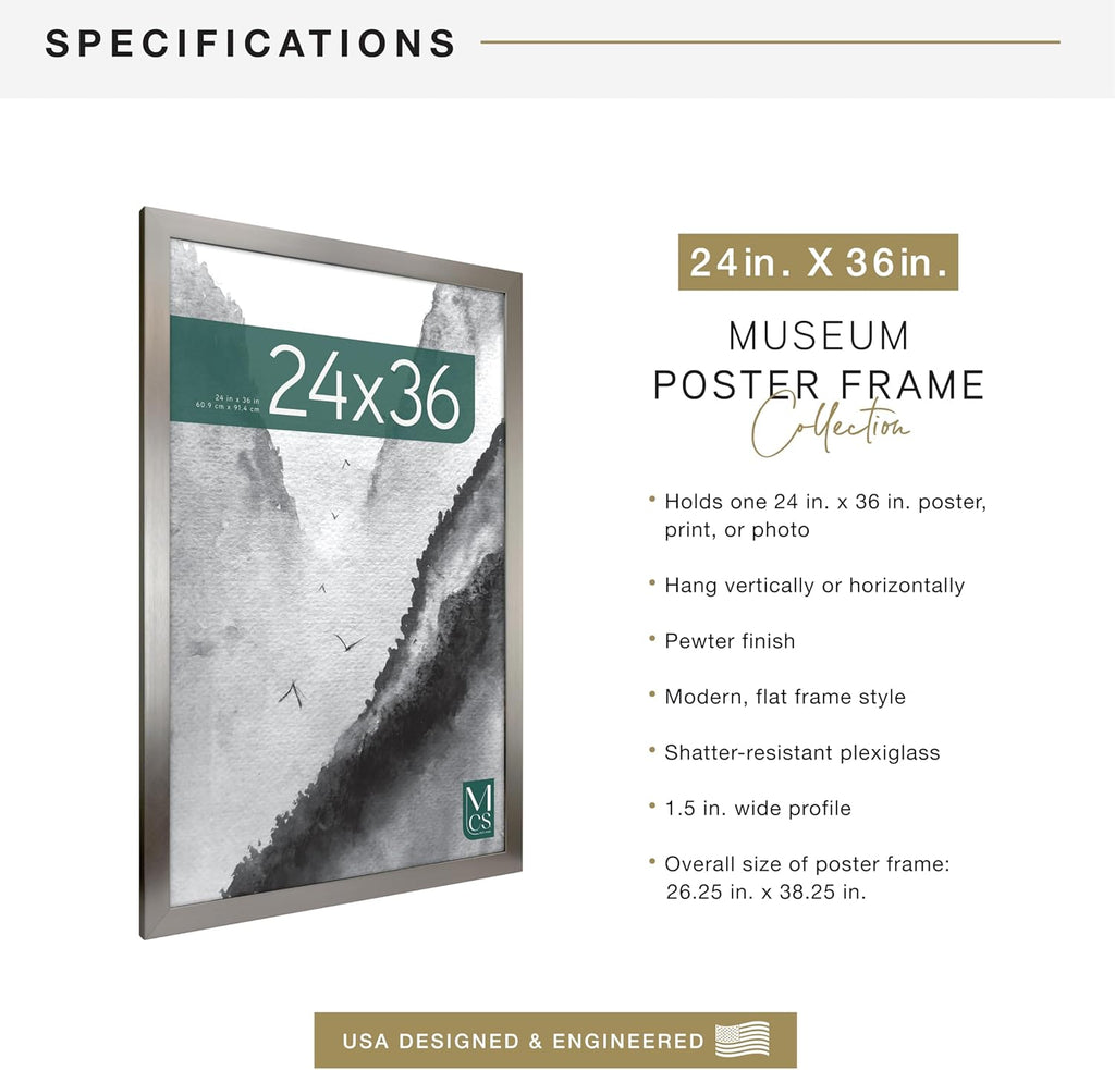 MCS Museum Poster Frame 24x36 Pewter, Vertical & Horizontal Wall Hanging Large Picture Frame for Photos, Posters & Art Prints (2-Pack)