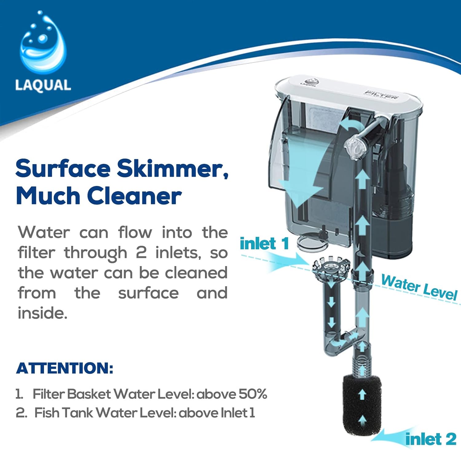 Aquarium Filter with Surface Skimmer, 10 Gallon Small Fish Tank Filter, 3-Layer Filtration, Adjustable Water Flow, Waterfall Design for Increasing Oxygen, Quiet & Efficient Hang on Back Filter