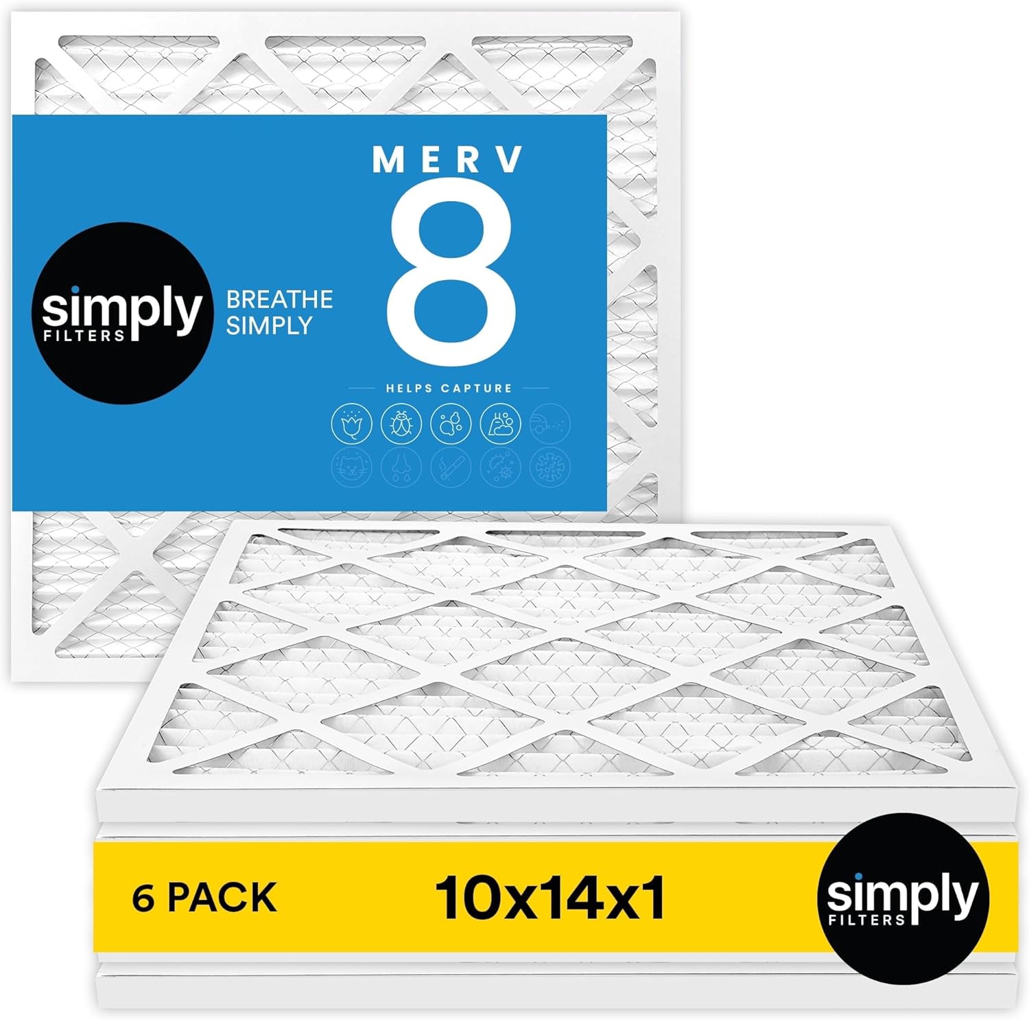 Simply 10x14x1 Air Filter, Merv 8, 6 Pack, For Home AC Furnace & HVAC (Actual Size: 9.75"x13.75"x0.75") DUST, Pet, & Allergy Control