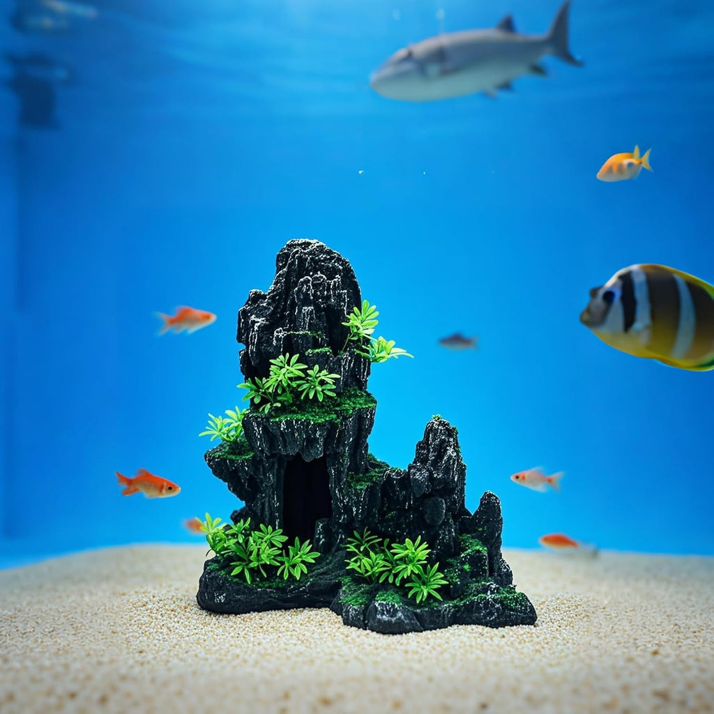 Aquarium Decorations Large Mountain View Stone Ornaments, Fish Tank Decorations Extra Large and Tall Aquarium Decor for Fish Tank Hideout Tree House Rock Cave for Small Fish Betta Hideaway Cave