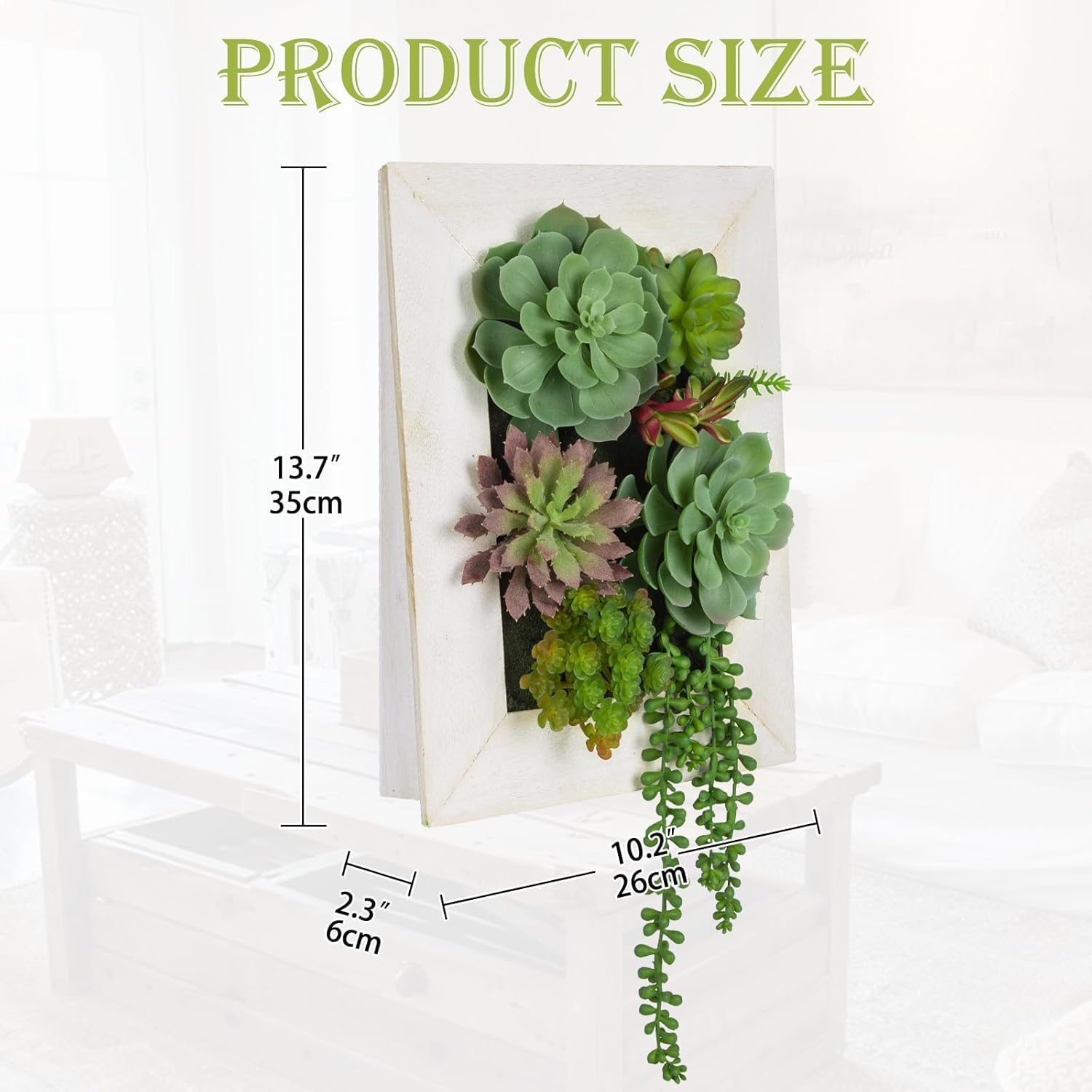 Wall Artificial Succulent Hanging Decor Plants Fake Succulents String of Pearls Arrangement with Wooden White Frames Faux Plants Hanging Boho Decor for Livingroom Bedroom Home Decor 10.2"x 2.3"x 13.7"