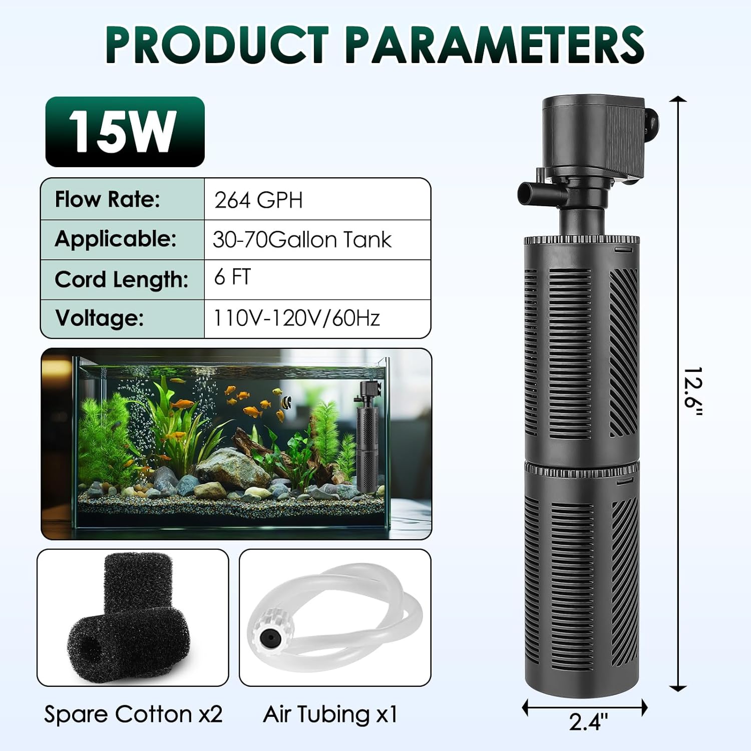 hygger 30-70 Gallon Submersible Aquarium Internal Filter In-Tank Filtration with Aeration for Saltwater and Freshwater Fish Tank Filters 264 GPH