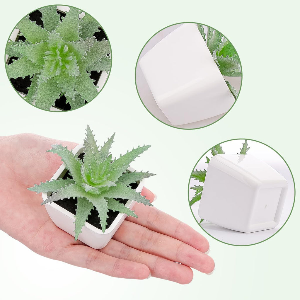 Woration 6pcs Faux Artificial Mini Flocking Succulent Plants in White Pots Fake Plastic Plants Topiaries for Shelf Table Windowsills Office Home Green Decoration