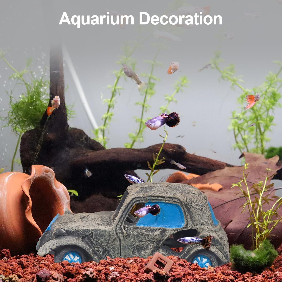 Aquarium Decorations for Fish Tank - Realistic Resin Rock Cave Hideouts, Safe Fish Tank Ornaments with Natural Design for Betta, Goldfish, Shrimp - Easy to Clean (car)