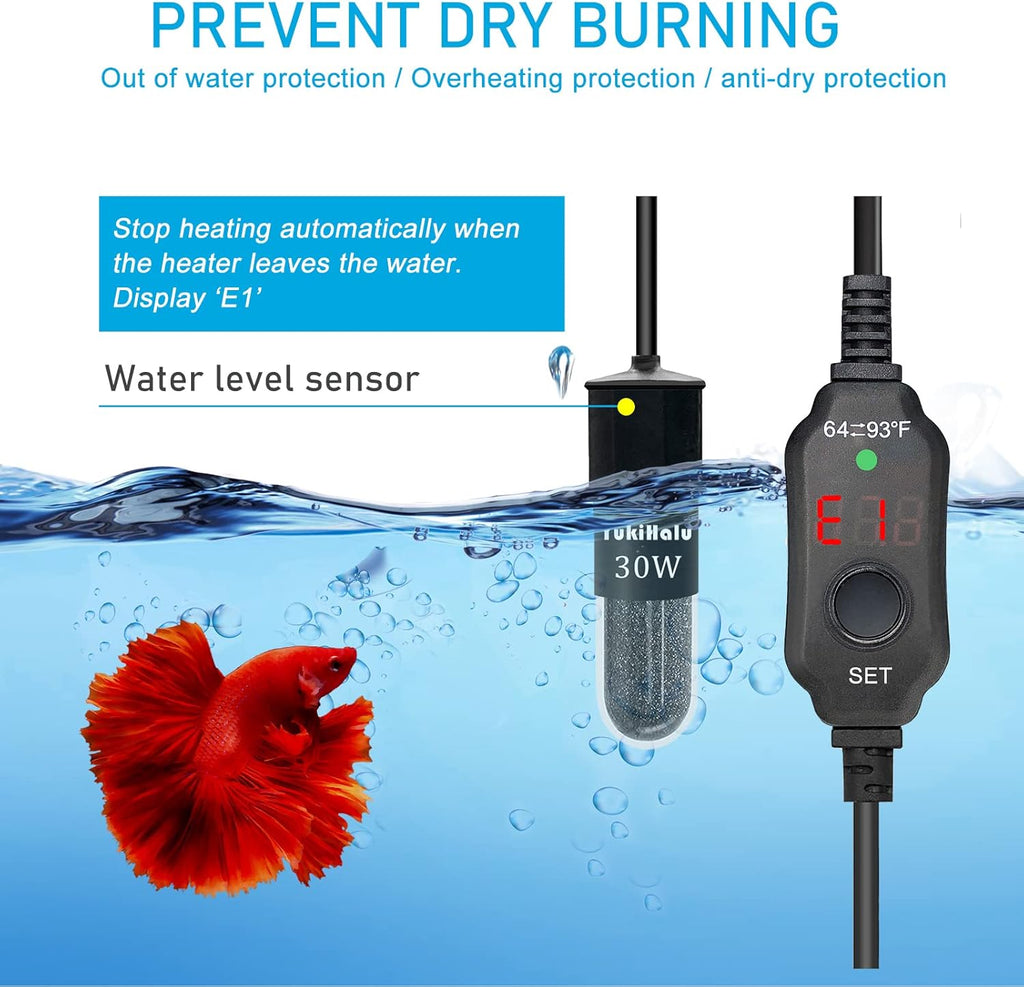 YukiHalu Super Mini Aquarium Heater, 10W 20W 30W Adjustable Fish Tank Heater with External Controller, Overheating Protection, LED Display, Used for 0.5-5 Gallons(30 watts)
