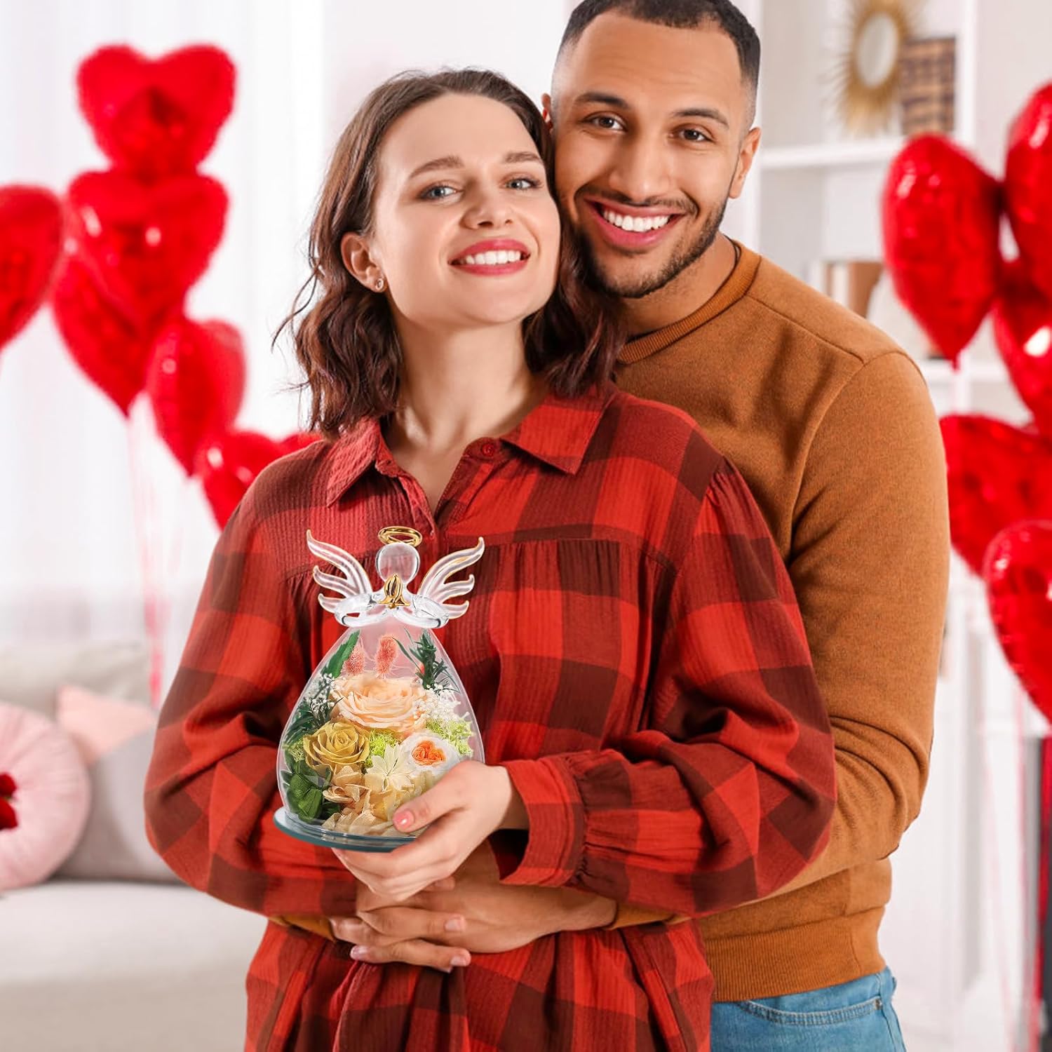 FIACO Gifts for Women Birthday Christmas Preserved Rose Forever Flower in Glass Angel Figurines Fresh Flowers for Delivery for Mom Real Colorful Roses for Grandma Wife Her from Daughter