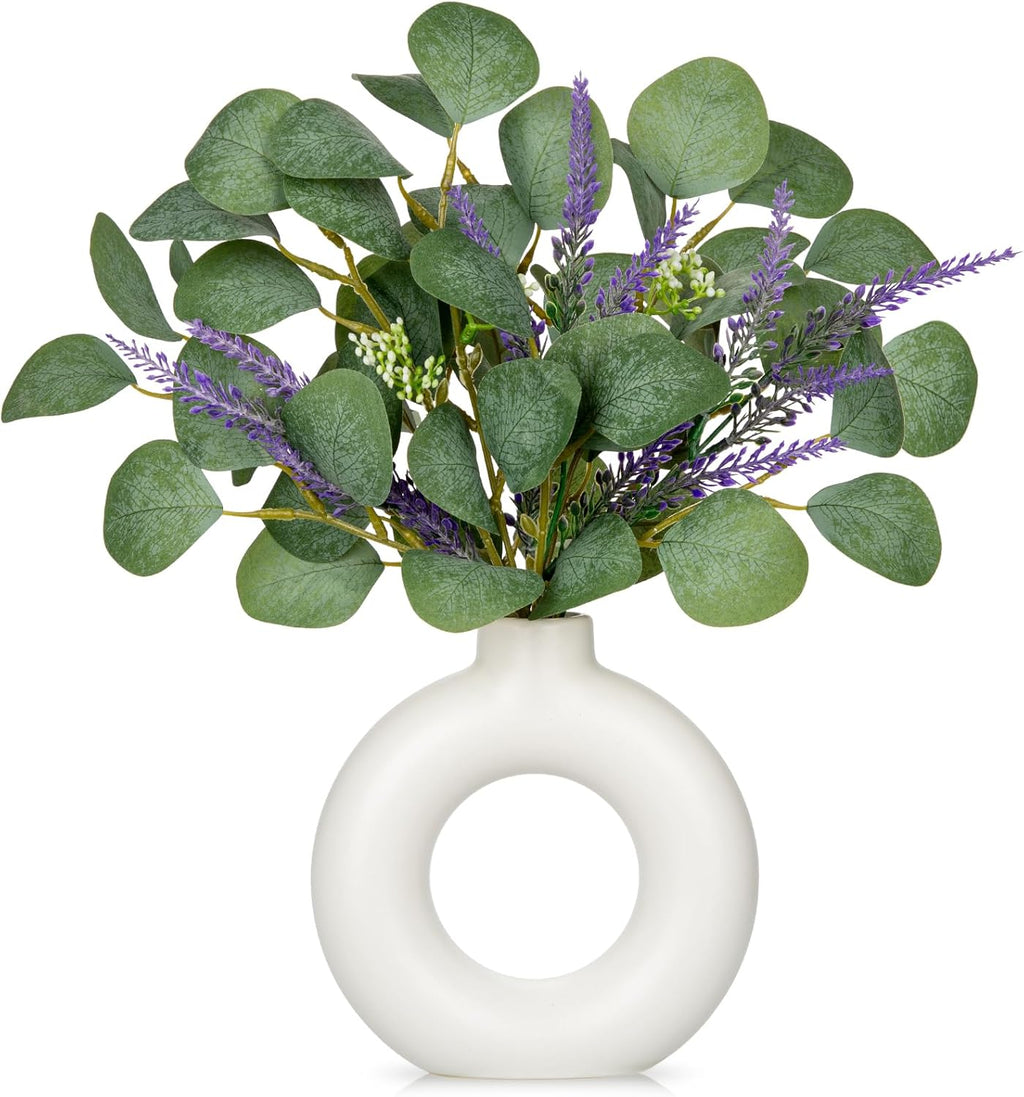Artificial Eucalyptus Stems in Ceramic Vase 14.23" Fake Eucalyptus Plant Decor White Donut Vase with Greenery Centerpiece Table Decorations Small Faux Green Plant for Home Farmhouse Wedding Table