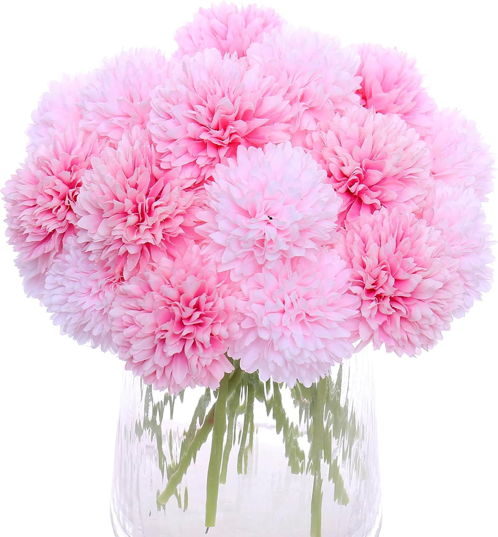 Kimura's Cabin 20Pcs Fake Mums Flowers Artificial Silk Ball Flower Faux Chrysanthemum Wedding Arrangements Bouquets Home Garden Table Centerpieces (Pink Light Pink)