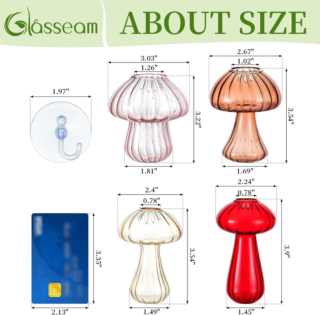 Glasseam Window Propagation Stations, 4Pcs Colored Mushroom Propagation Vases with Suckion Cups, Glass Wall Hanging Planter Terrariums for Flowers, Cute Indoor Small Plant Holder Gifts for Women