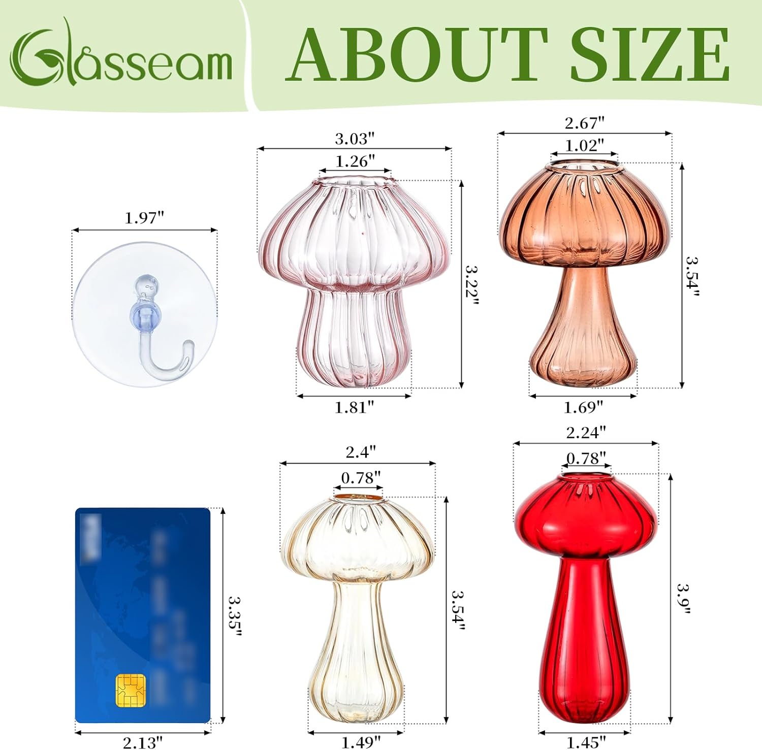 Glasseam Window Propagation Stations, 4Pcs Colored Mushroom Propagation Vases with Suckion Cups, Glass Wall Hanging Planter Terrariums for Flowers, Cute Indoor Small Plant Holder Gifts for Women