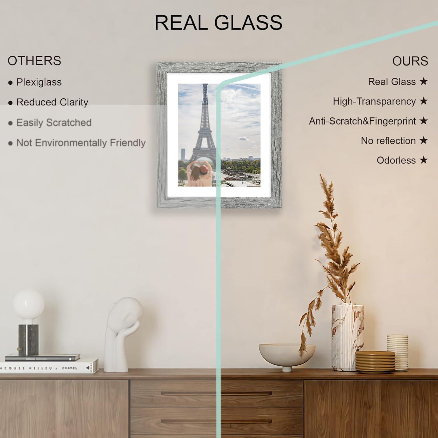 10x12 Picture Frame Set of 4, Made of Real Glass and Grey Frame - Display Picture 8x10 with Mat or 10x12 Without Mat, 10 by 12 Photo for Wall Mounting