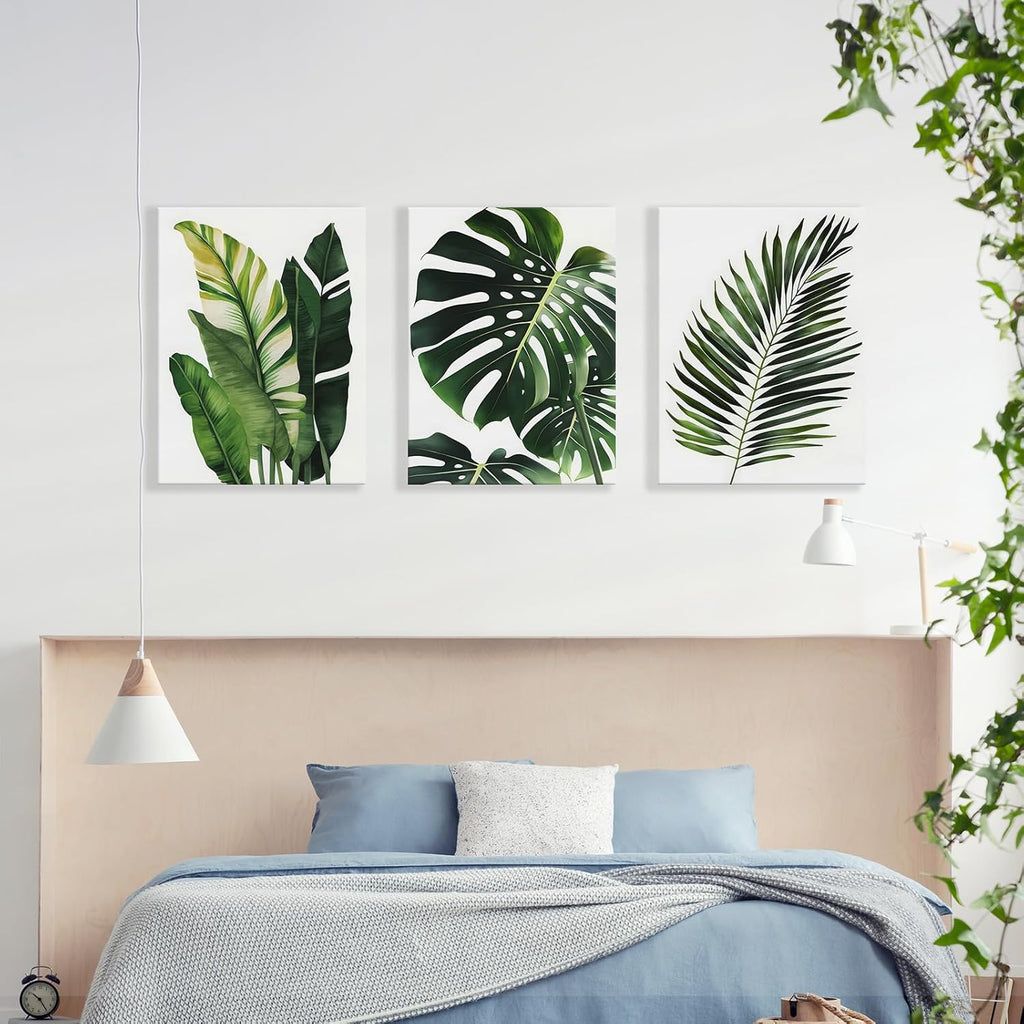 3pcs Framed Canvas Prints Botanical Leaf Modern Plant Palm Leaves Banana Leaf Tropical Wall Art Decor Canvas Poster Gallery Bathroom Bedroom Living Room Office 16x24 Inch Ready to Hang