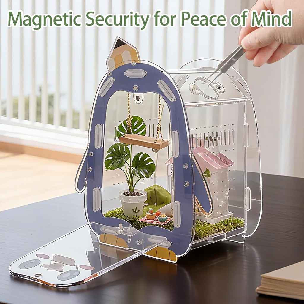 Magnetic Acrylic Jumping Spider Enclosure with Mushroom House, Easy-Feed Hole & Front Opening – Terrarium for Tarantula, Mantis, Beetle, Gecko, Hermit Crab, Reptile Habitat