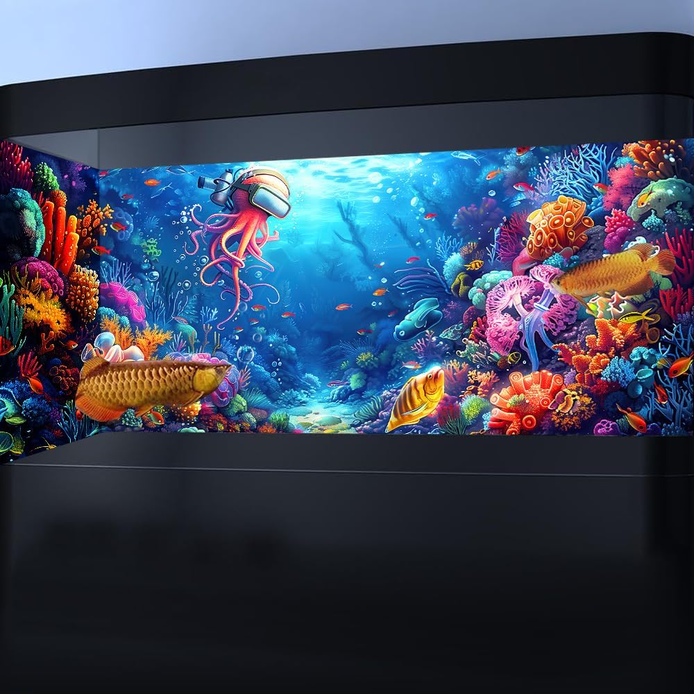 72X16IN Blacklight Ocean HD 3D Black Light Aquarium Background UV Reactive Octopus Background Terrarium Background with 10 EVA Double-Sided Tape with 10 EVA Double-Sided Tape