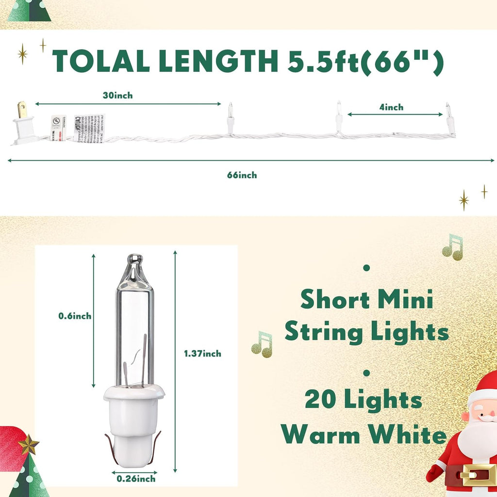 Mini Christmas Lights String Warm White Vintage Short Strand String Lights, Clear Bulbs Wire Fit Light up Christmas Decorations(10 Bulbs No Connectable,5.5ft,White)