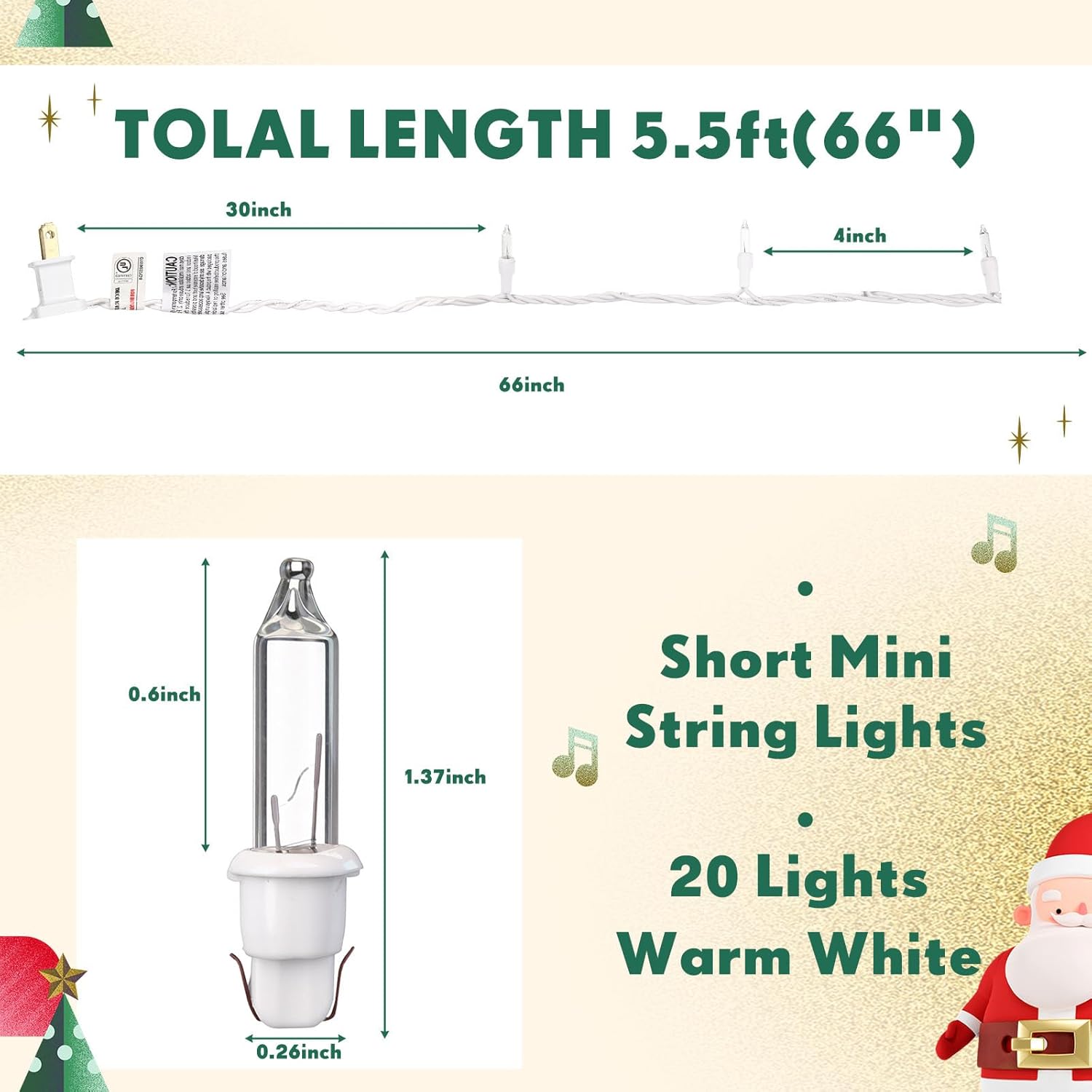 Mini Christmas Lights String Warm White Vintage Short Strand String Lights, Clear Bulbs Wire Fit Light up Christmas Decorations(10 Bulbs No Connectable,5.5ft,White)