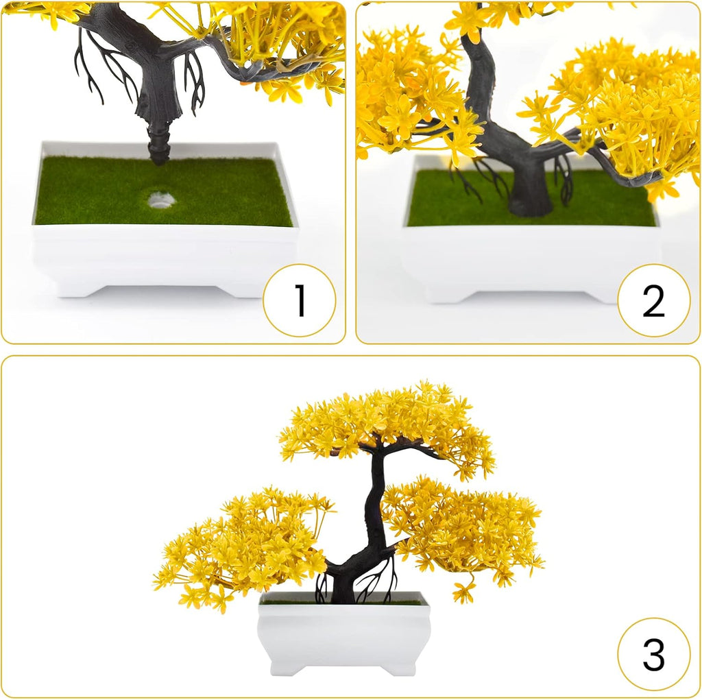 Mini Artificial Bonsai Tree Plants with Plastic Cement Pots for Home Office Décor(Yellow)