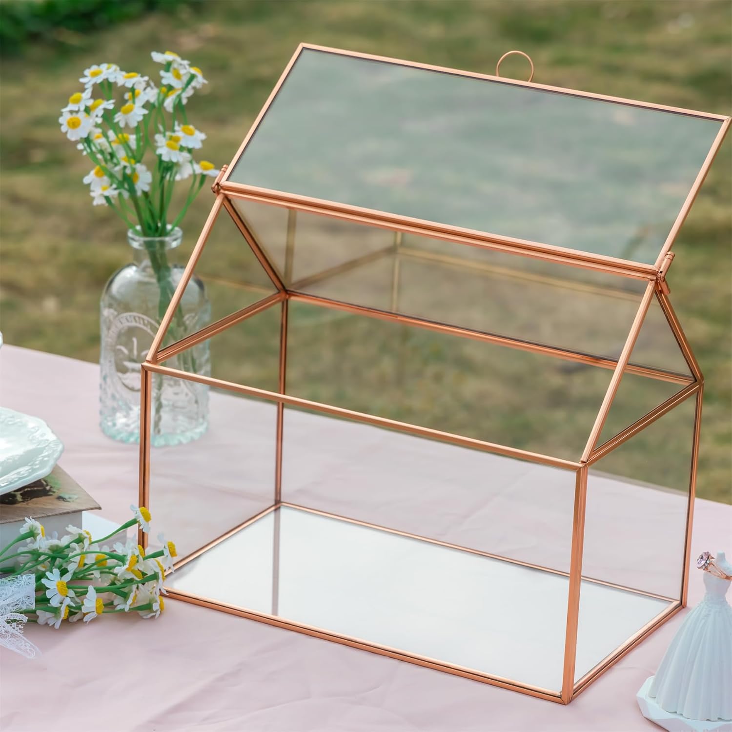 NCYP Small Wedding Glass Cards Box for Reception - 10.2x5.9x8.2 Inches House Shape Decorative Storage Box with Lid - Rose Gold Card Holde for party (Glass Box Only)