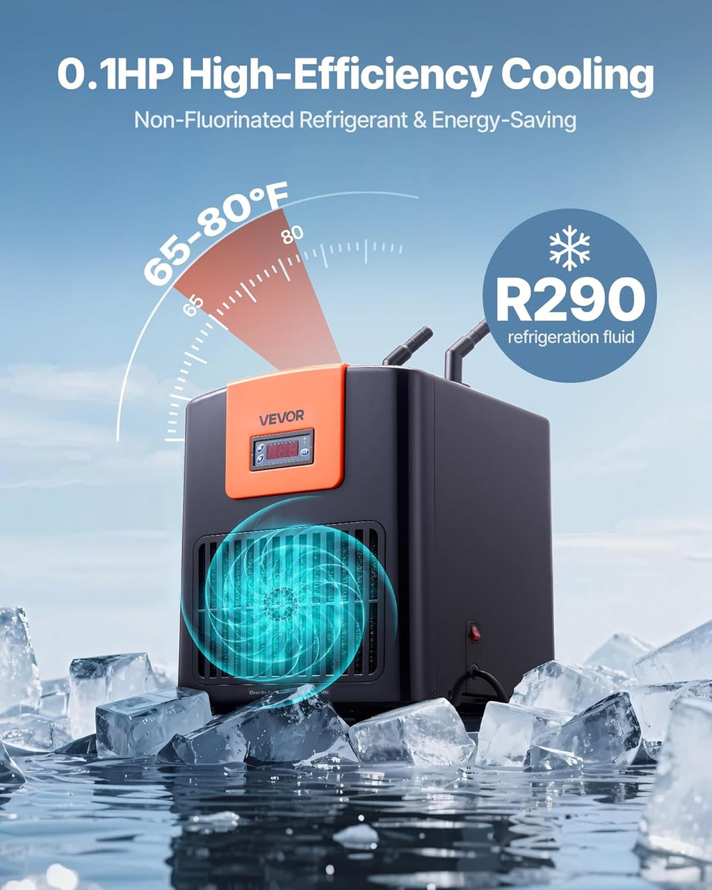 VEVOR Aquarium Chiller 52 Gallon, 1/10 HP Water Chiller for Hydroponics, Fast Cooling for Fish Tank,Axolotl,Coral Reef,Quiet Refrigeration Compressor, Titanium Evaporator,Complete Fittings