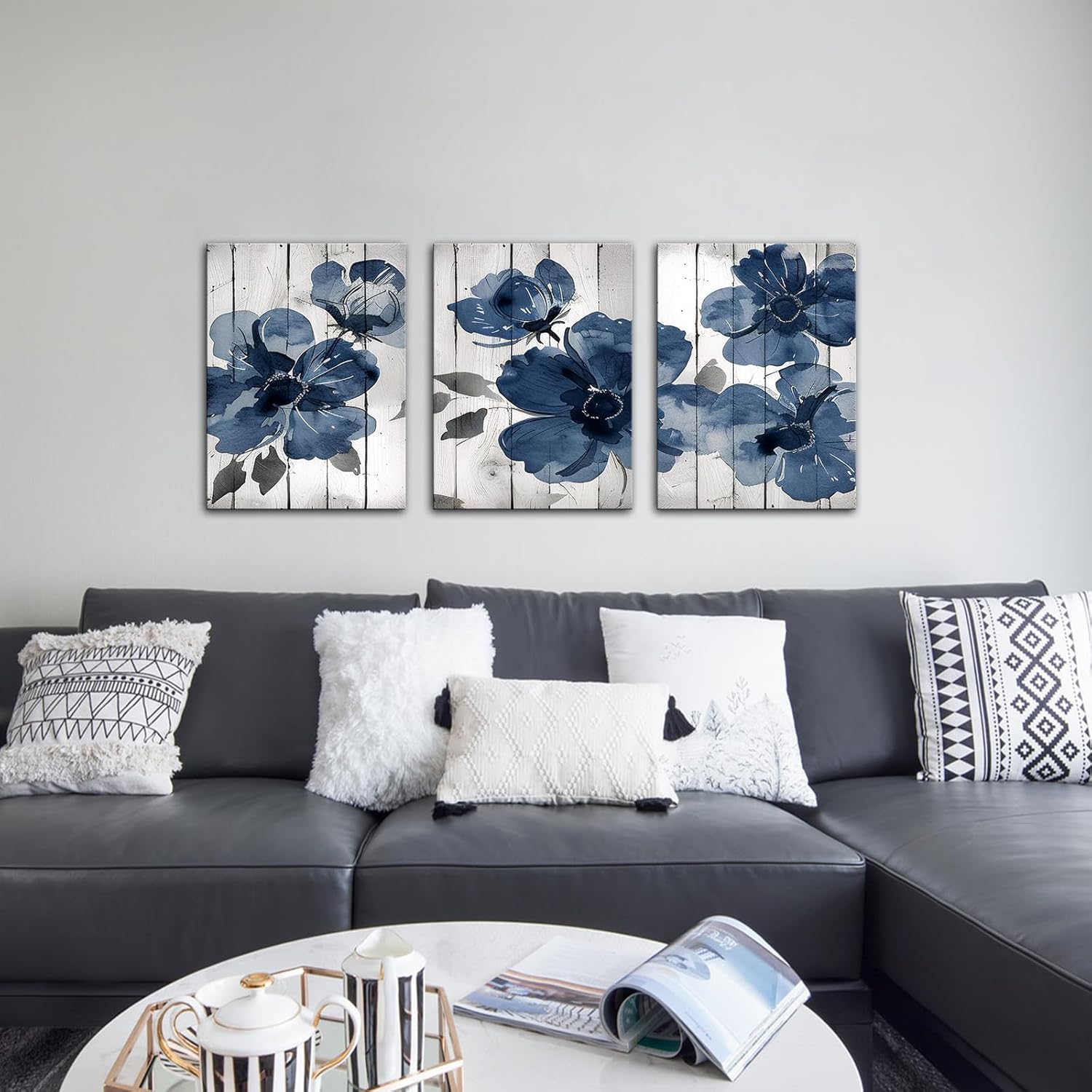 The Mode Art Canvas Wall Art Navy Blue Wildflower Watercolor Boho Botanical Floral 3Pcs Flower Wall Decor Pictures Modern Posters for Bedroom Living Room Home Decoration 12x16in