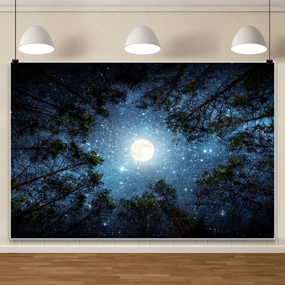 Laeacco 9x6ft Forest Night View Backdrop Galaxy Starry Sky Moonlight Tops of Green Trees Natural Landscape Photography Background Forest Camping Adventure Birthday Party Decor Photo Booth Props