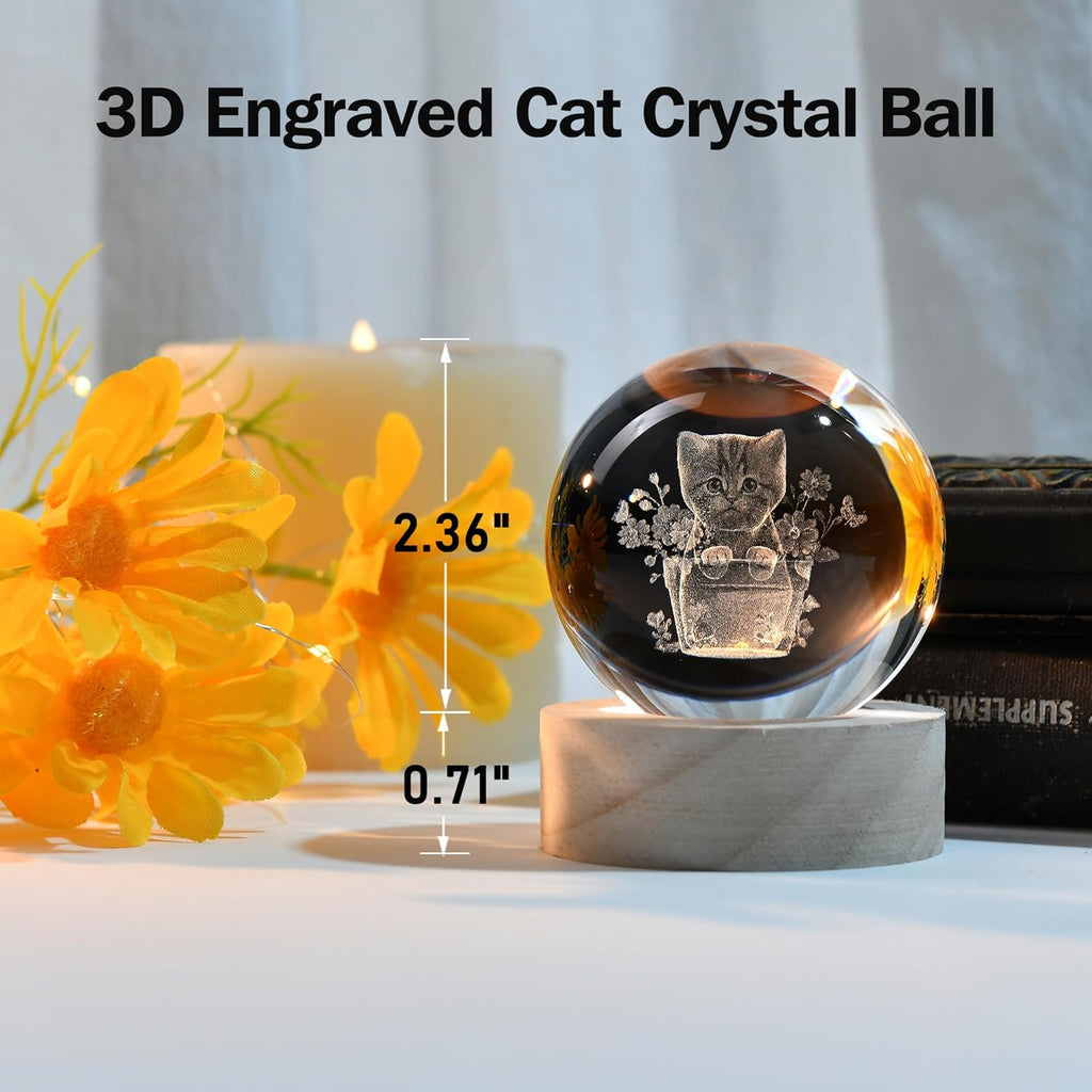IFOLAINA 3D Flower Pot Cat Crystal Ball Cat Lover Gifts for Women Girl Birthday Christmas Cute Crystal Pet Sphere Decor