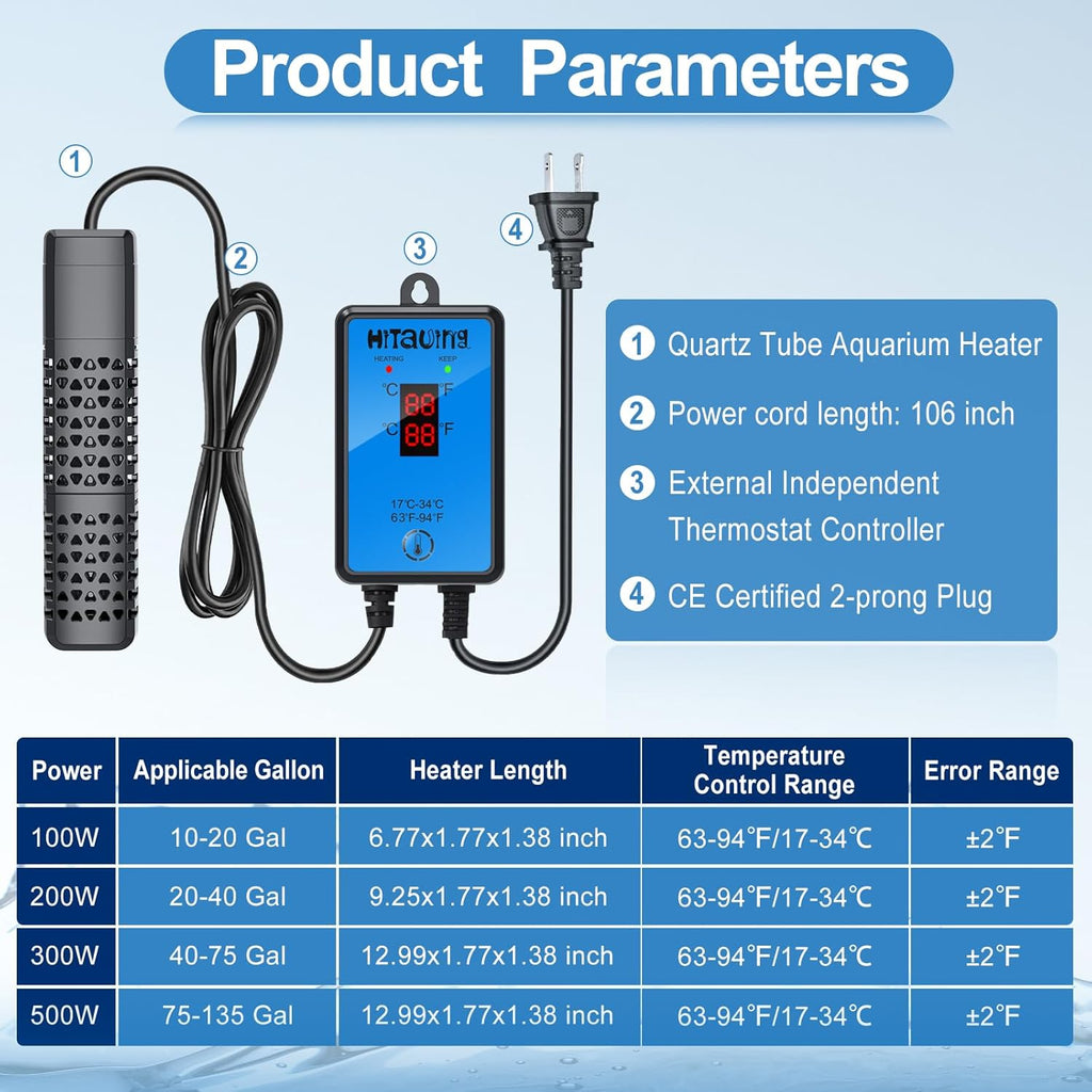 HiTauing Aquarium Heater, Upgraded 100W Fish Tank Heater with Intelligent Leaving Water Automatically Stop Heating and Advanced Temperature Control System, Suitable for Saltwater and Freshwater