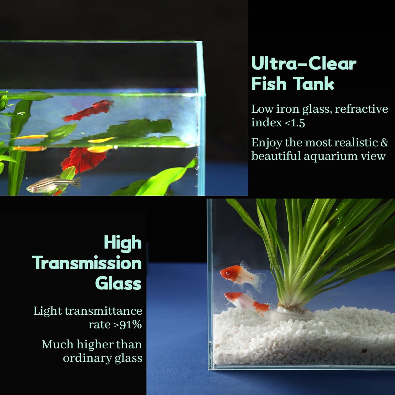 6.5 Gallon Ultra Clear Glass Fish Tank, Rimless Low Iron Aquarium for Betta/Nano/Goldfish/Snail/Shrimp, Fish Tank & Cover Set & Feeding Ring & Cleaning Tools