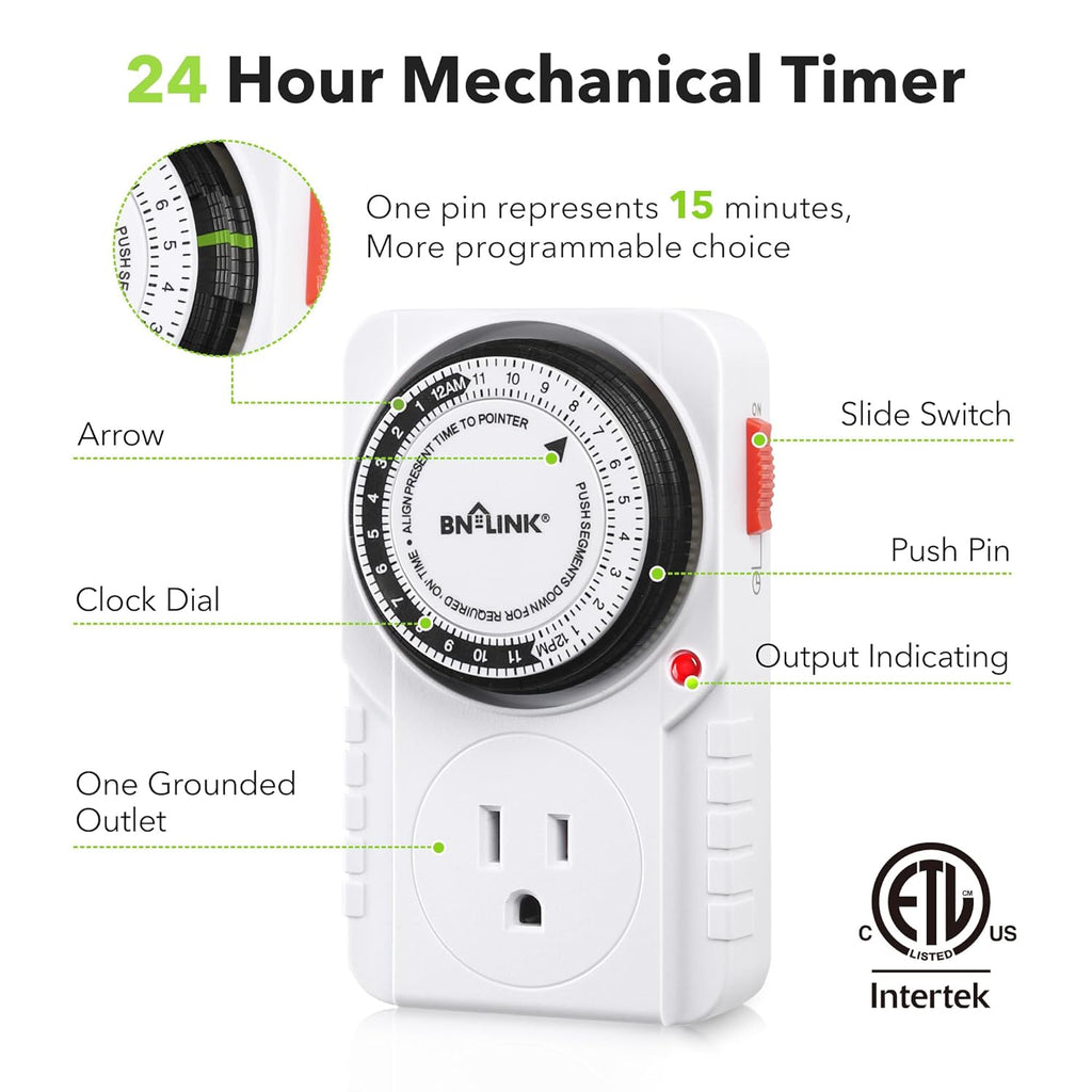 BN-LINK 24 Hour Plug-in Mechanical Timer Grounded for Aquarium, Grow Light, Hydroponics, Indoor Lighting, Home Appliances, ETL Listed 125VAC, 60 Hz, 1875W, 15A, 1/2HP (2 Pack)