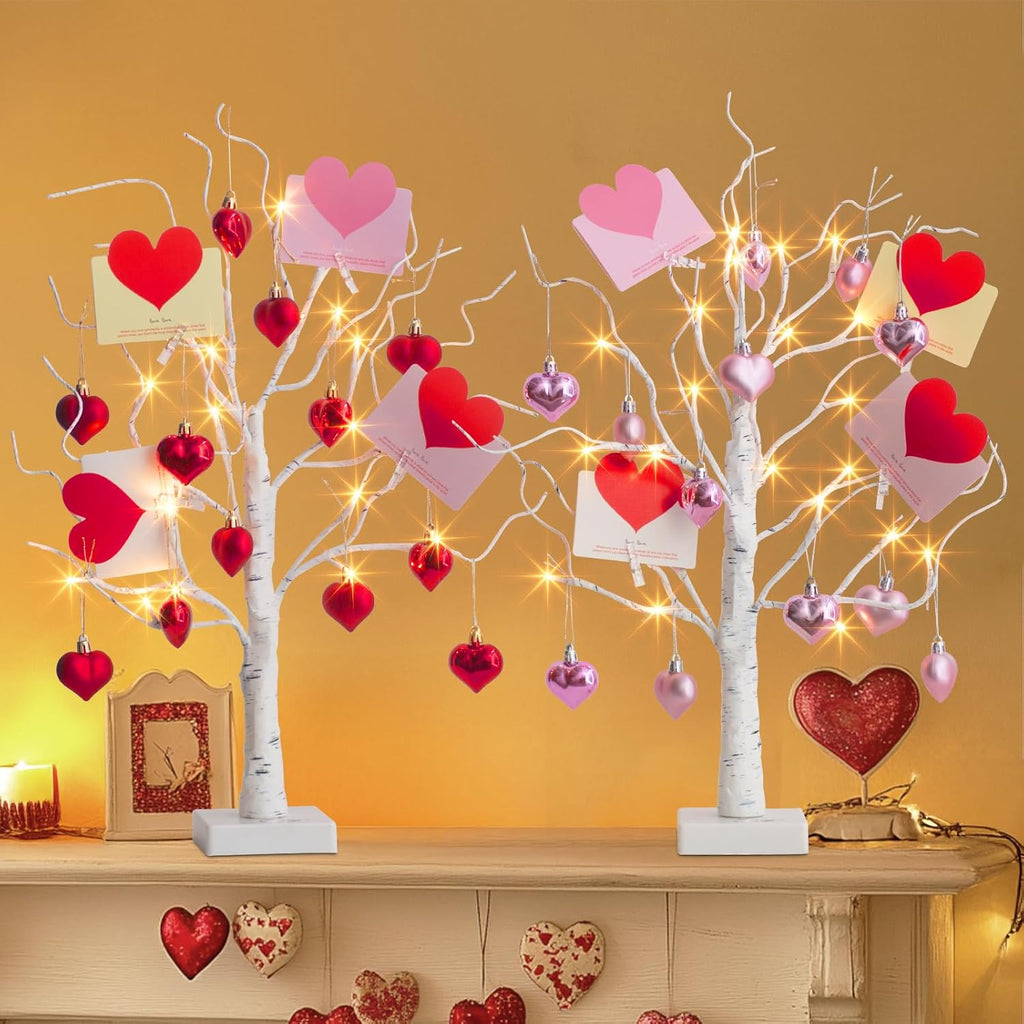 PEIDUO Valentine's Day Decorations, Set of 2 Gift Card Tree with 24 Hanging Heart Ornaments, for Home Indoor Bedroom Anniversary Wedding Party Decor, 6H/18H Timer
