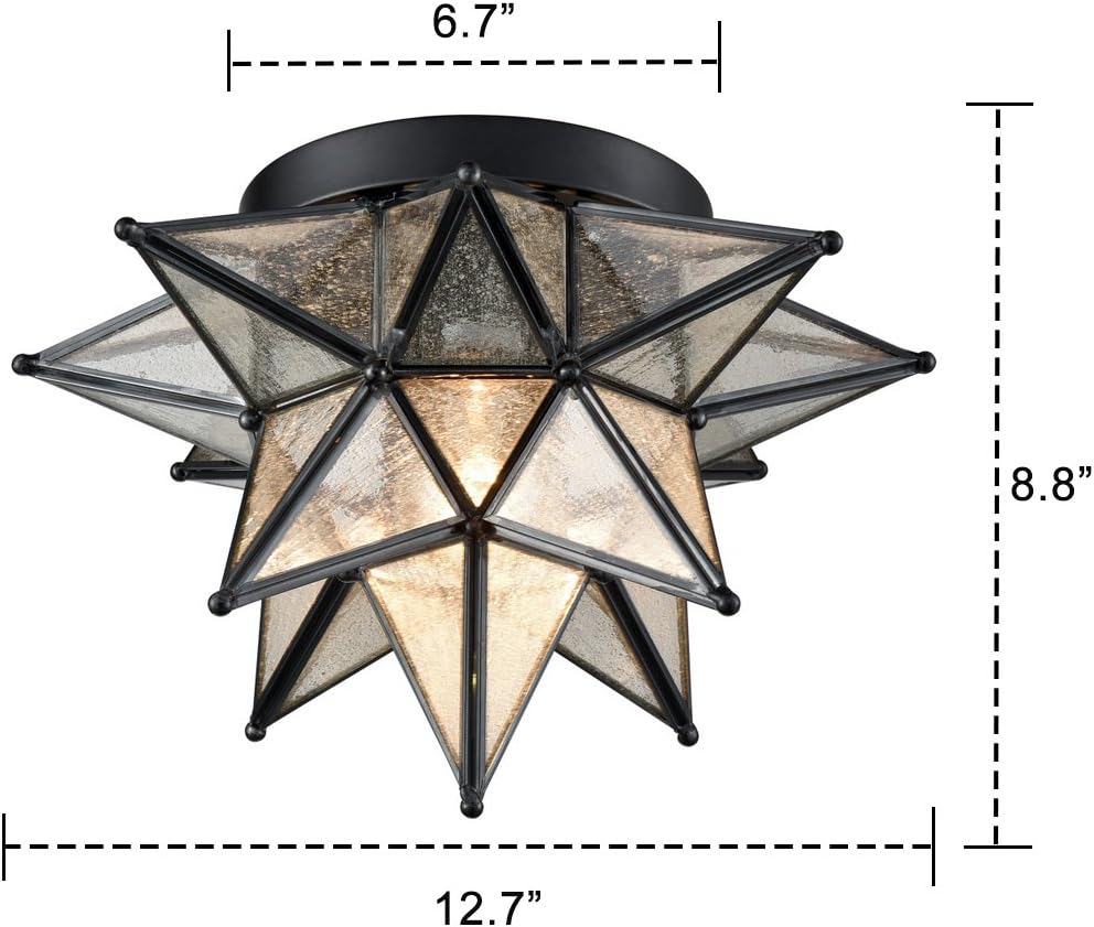 DAYCENT Black Moravian Star Light Flush Mount with Seeded Glass Shade Moroccan Star Ceiling Light Fixture for Kitchen Hallway Foyer