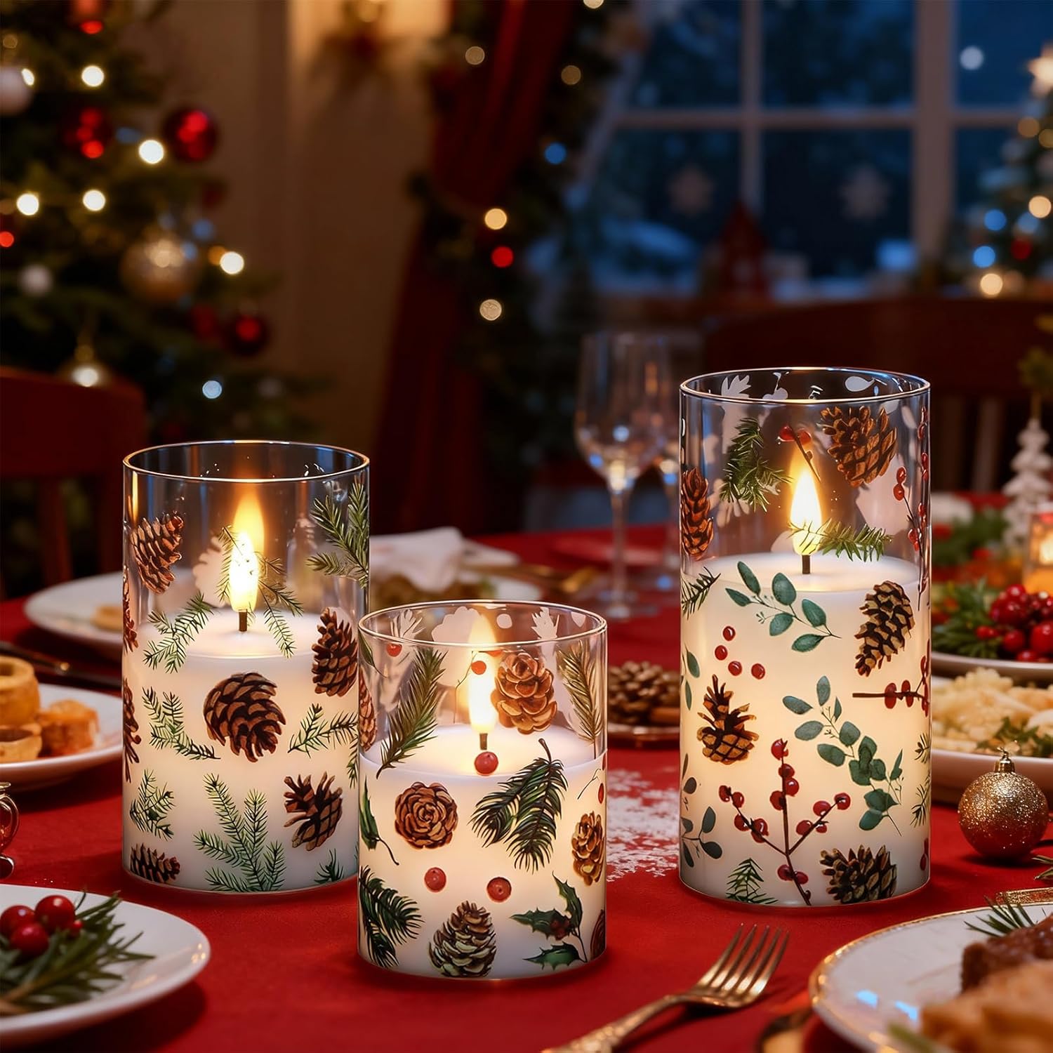 GenSwin Christmas Flameless Candles Battery Operated with Pinecone Decals, 3 Pcs Glass Flameless Candles with Remote Timer and 3D Flickering Flame for Christmas Holiday Decor(Set of 3, D3” x 4”5”6”)