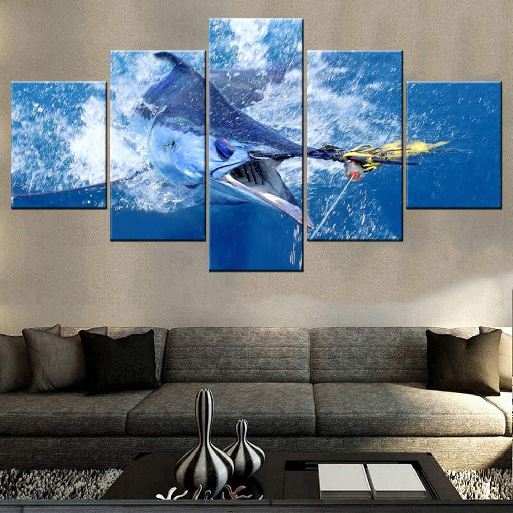 Framed Wall Art Big Swordfish in Sea Picture for Living Room Fishing Paintings Fish Blue Seascape Artwork 5 Panel Prints on Canvas Giclee Rustic Home Decor Gallery-Wrapped Ready to Hang(60''W x 32''H)