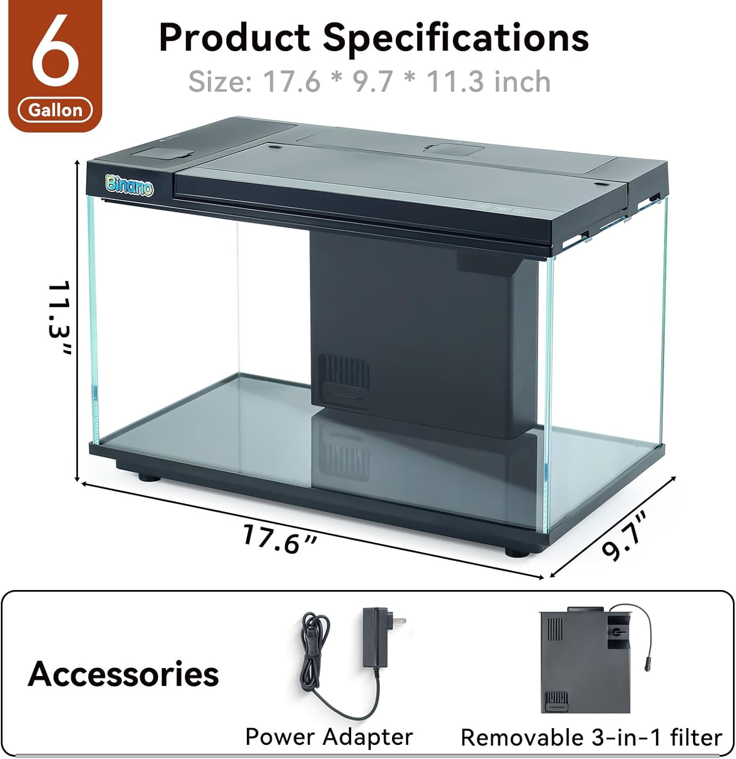 17.6 x 11.3 x 9.7 Inch Fish Tank Kit Complete with Real-Time Temp Display, 3-Speed Water Pump, Smart Storage, Flexible Filter & 6 Color Lights Ideal Aquarium for Betta Fish & Goldfish