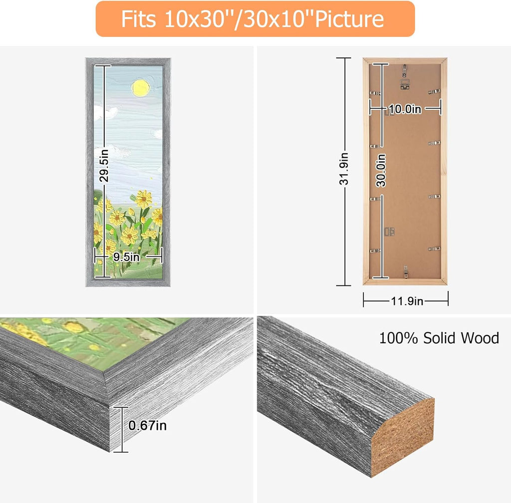 10x30 Wood Frame Gray, Rustic Natural Grey Wooden 30x10in Poster Picture Frame, Distressed 10 x 30inch Woodgrain Gallery Photo Frame with HD Plexiglass, Horizontal Vertical Wall Mounting Display 1pcs