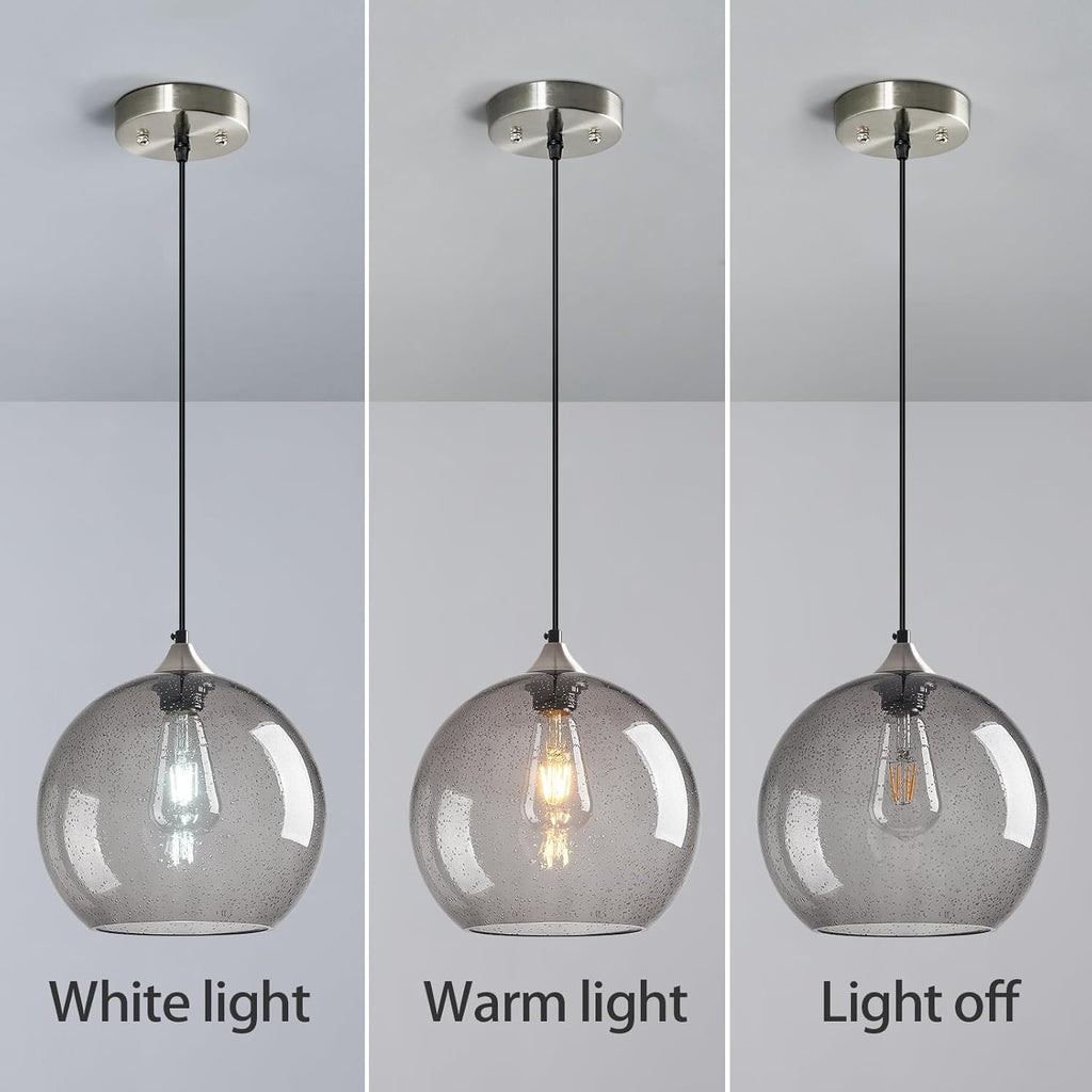 Light Grey Glass Pendant Lights Kitchen Island Globe Pendant Light Fixtures Modern Pendant Lighting for Bedroom Living Dining Room Light Fixture (9.84 in, 3 Pack)