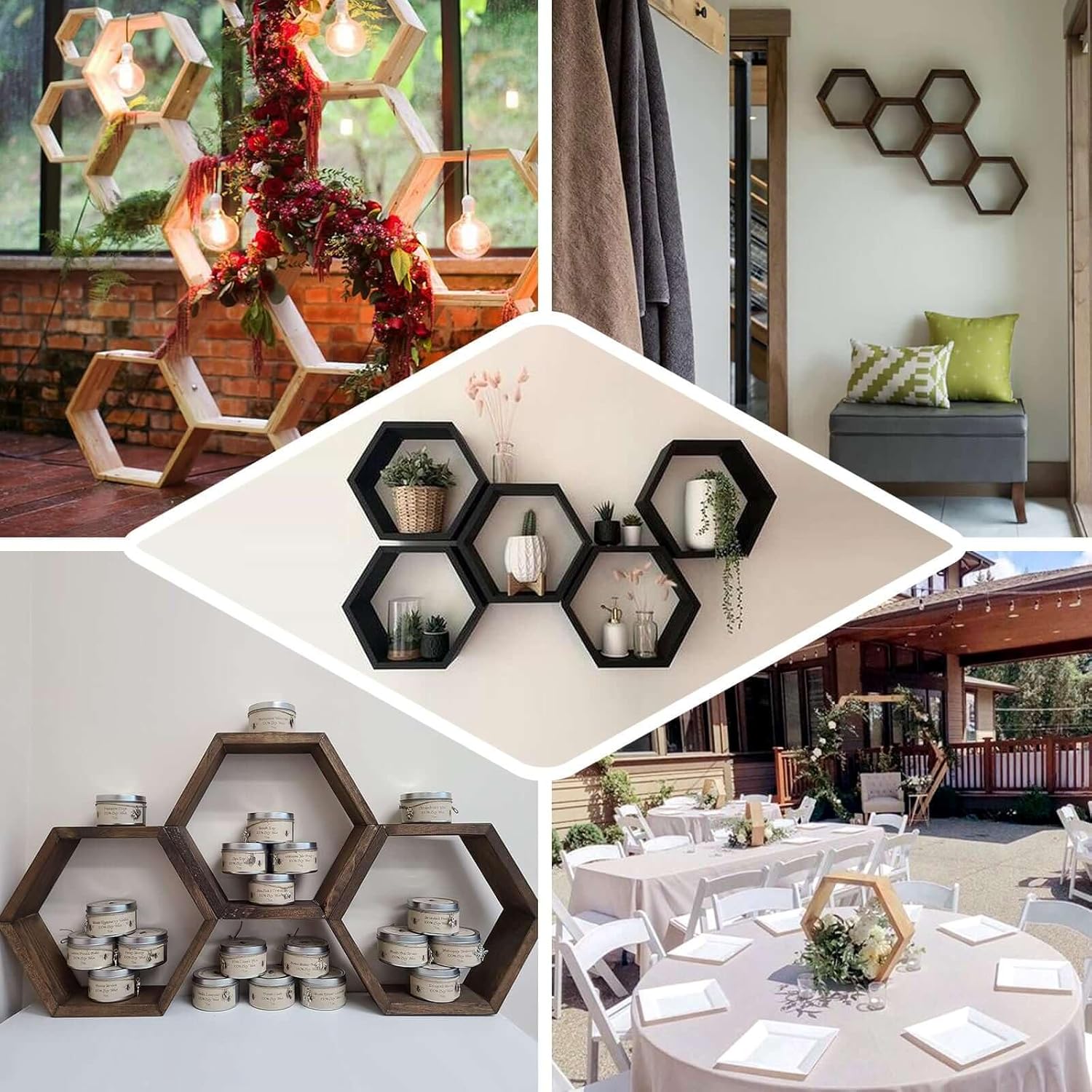 Efavormart 2 Pack | 9" Hexagon Whitewashed Wood Centerpiece, Geometric Terrarium, Honeycomb Storage Shelf