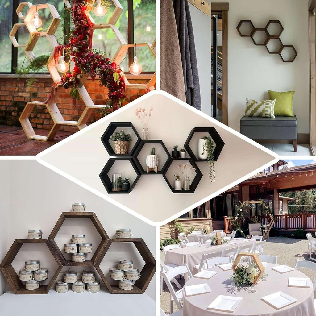 Efavormart 2 PC | 9" Tall Hexagon Rustic Wood Centerpiece | Natural Geometric Terrarium | Honeycomb Storage Shelf