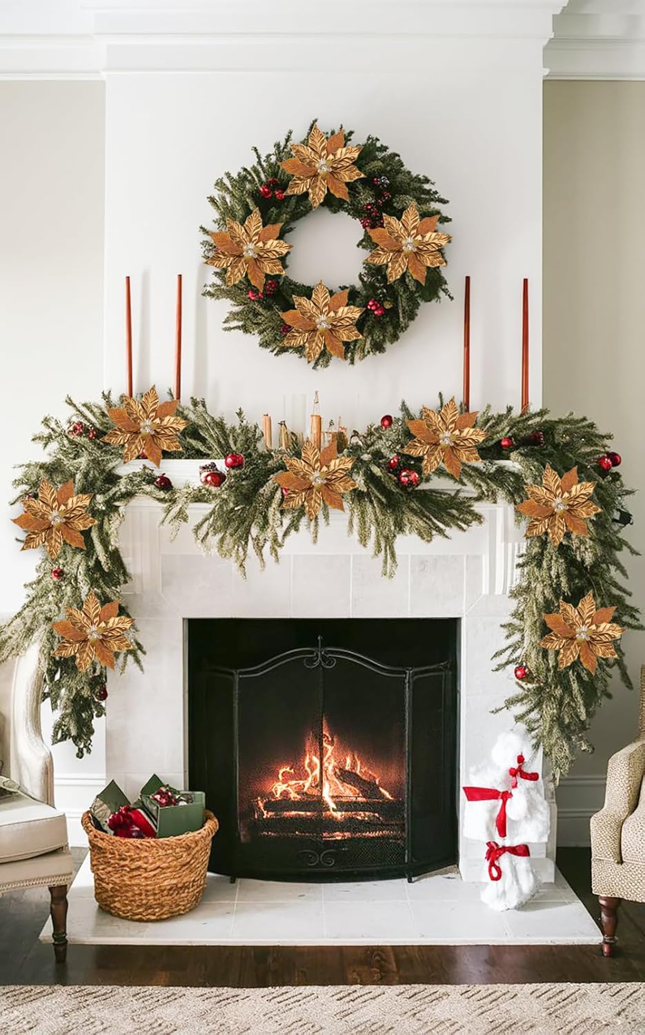 Hollyone 3PCS Poinsettia Christmas Flowers Artificial 11" Large Bronze Glitter Poinsettia Flowers Christmas Tree Ornaments Floral Picks for Tree Wreath Garland Vase Table Centerpiece Home Decor