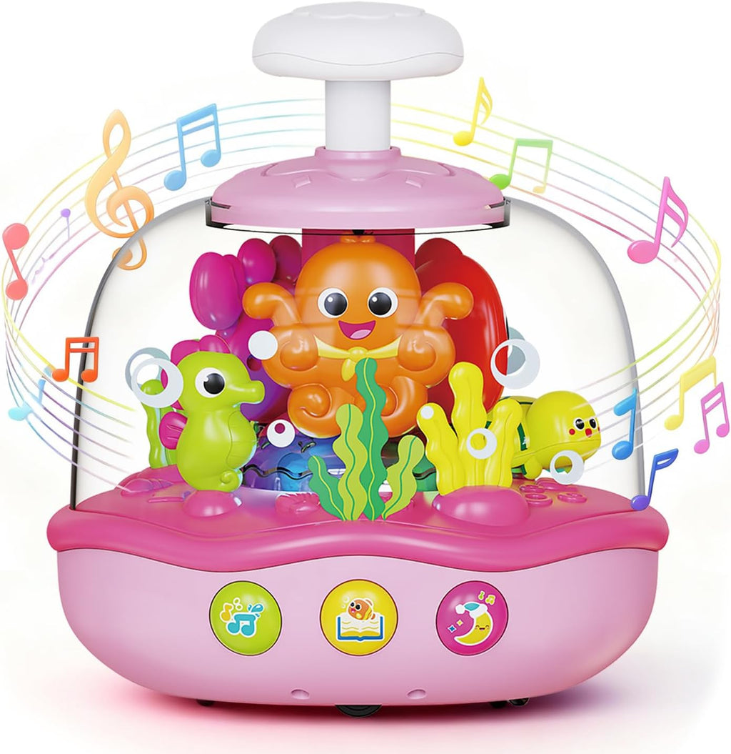 Baby Girl Toys 6-12-18 Months, Press & Spin Aquarium Musical Light Up Toy | Bilingual Learning Educational Cause and Effect Toy for 1 Year Old Boy Girl, Christmas Birthday Gifts for 1-3 Year Old