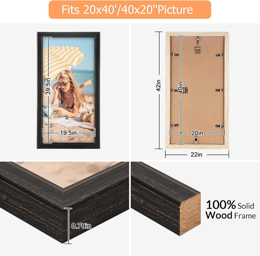 20x40 Wood Frame Black, Rustic Natural Wooden 40x20in Poster Picture Frame, Distressed 20 x 40inch Woodgrain Gallery Photo Frame with HD Plexiglass, Horizontal Vertical Wall Mounting Display 1pcs