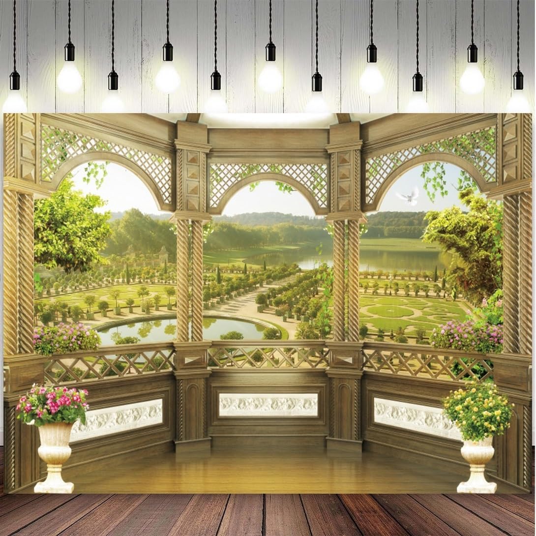 12x8ft Window Scenery Backdrop Golden Vintage Fence Green Tree Mountain Lake Nature Park Landscape Photography Background Party Birthday Wedding Bridal Studio Photo Props Polyester