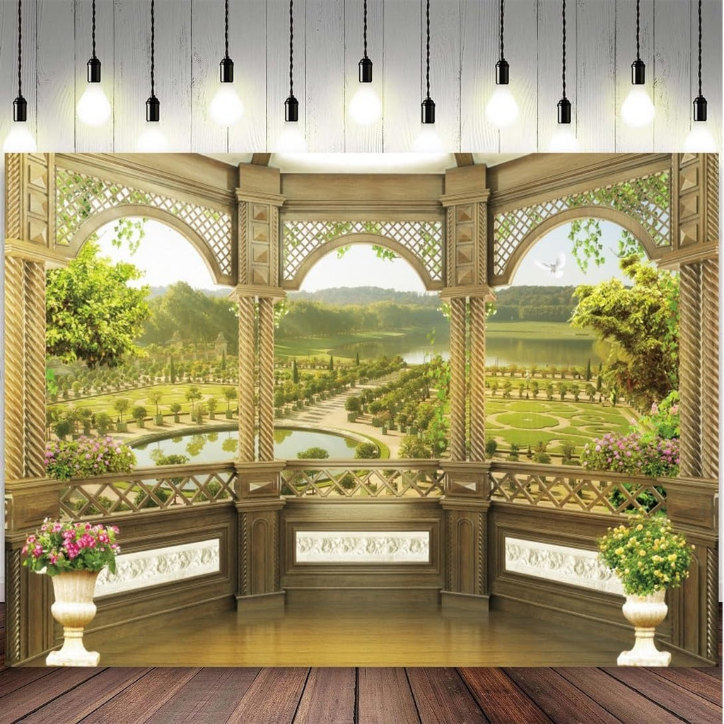 9x6ft Window Scenery Backdrop Golden Vintage Fence Green Tree Mountain Lake Nature Park Landscape Photography Background Party Birthday Wedding Bridal Studio Photo Props Polyester