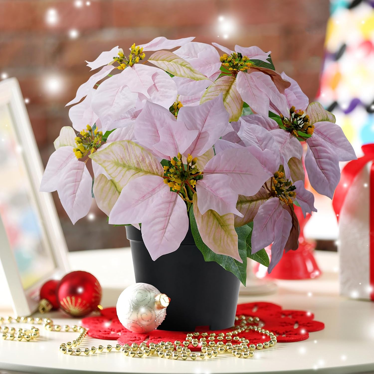 Artificial Pink Poinsettia Plant - 14Inch Faux Christmas Flowers for Indoor Outdoor Xmas Porch Garden Decorations