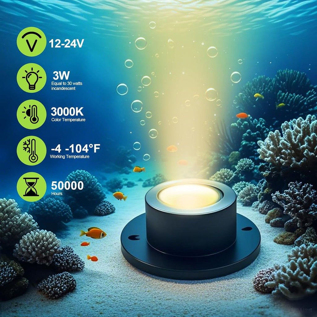 SMY Lighting 3W LED Pond Lights 12-24V AC/DC Low Voltage Underwater Fountain Lights 3000K Warm White IP68 Waterproof for Outdoor Ponds Fountains Waterfalls, 4 Pack