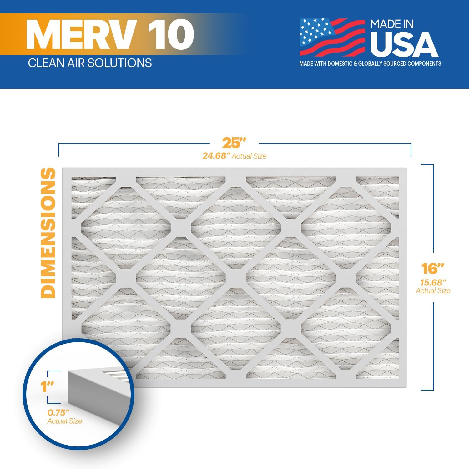 BNX TruFilter 16x25x1 MERV 10 (4-Pack) AC Furnace Air Filter - MADE IN USA - Pleated Air Conditioner HVAC AC Furnace Filters - Removes Odor, Mold, Bacteria, Smoke