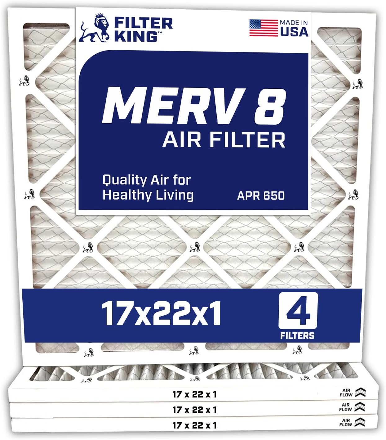 Filter King 17x22x1 Air Filter | 4-PACK | Carbon MERV 8 HVAC Pleated A/C Furnace Filters | MADE IN USA | Actual Size: 16.5 x 21.5 x .75"